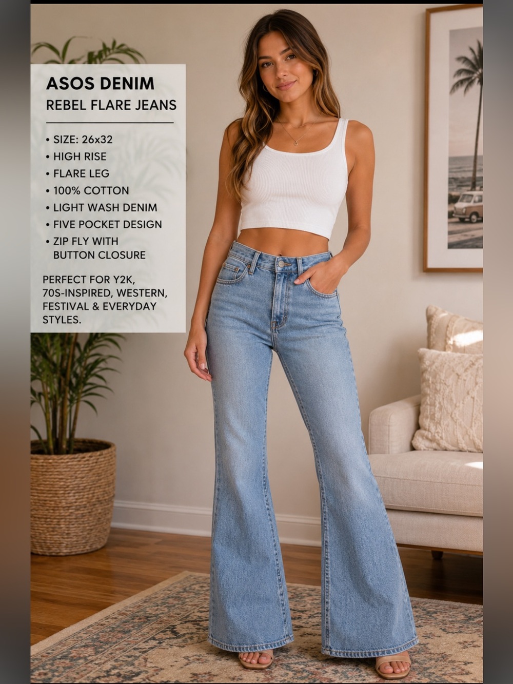 ASOS Denim Rebel Light Wash Flare Jeans 26x32 100% Cotton